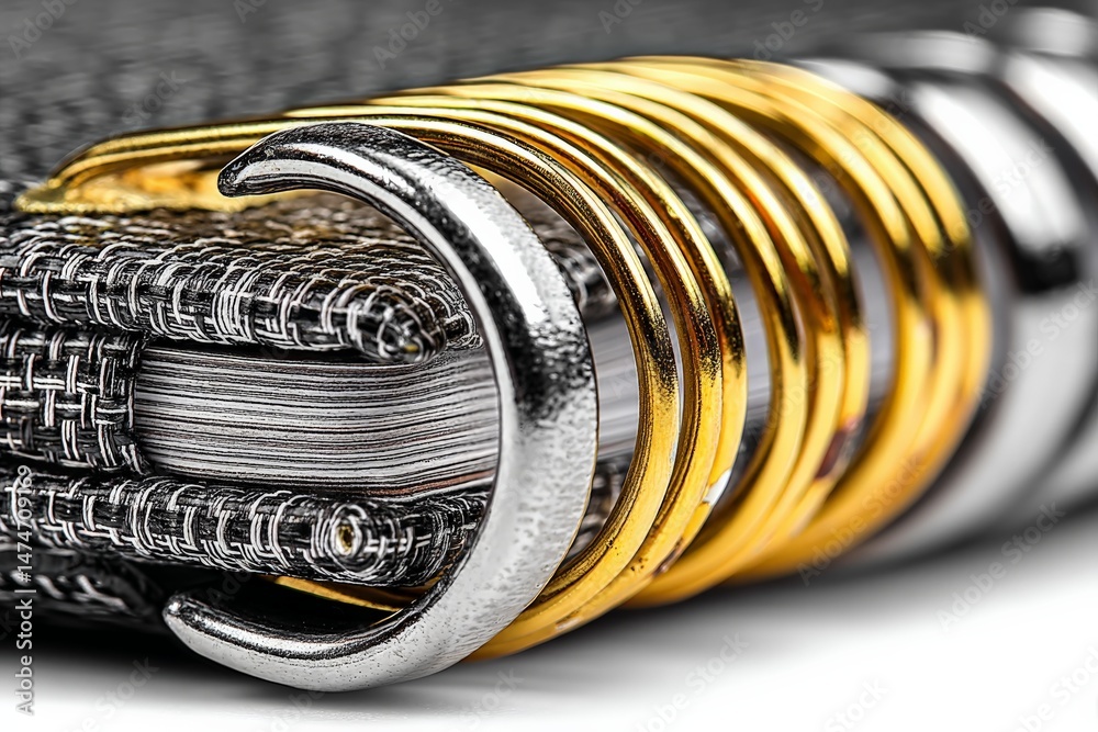 Poster Close-up view of metal rings binding a notebook showcasing a detailed texture and a mix of colors