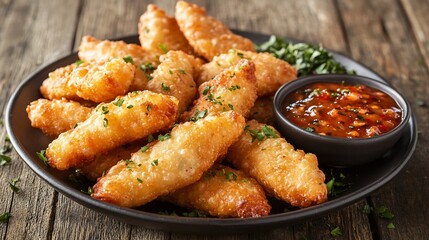 Crispy fried fish fingers served with spicy sweet chili sauce