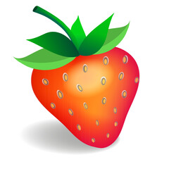 Glossy Cartoon Strawberry with Seeds. Colorful vector illustration of a ripe red strawberry with seeds and green leaves isolated on white