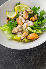 Seafood salad fruit de mer shrimp, mussels, squid, rapawn, prawn, green mixed leaf dish fresh food background on the table rustic food top view copy space keto paleo diet vegetarian pescetarian