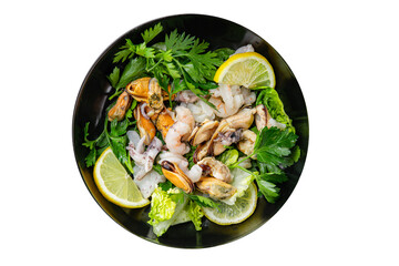 Seafood salad fruit de mer shrimp, mussels, squid, rapawn, prawn, green mixed leaf dish fresh food background on the table rustic food top view copy space keto paleo diet vegetarian pescetarian