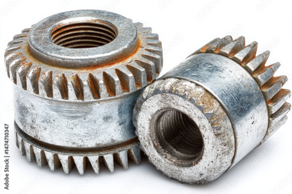 Aufkleber Metal gears with textured edges and internal threading on a white background showcasing details of industrial hardware