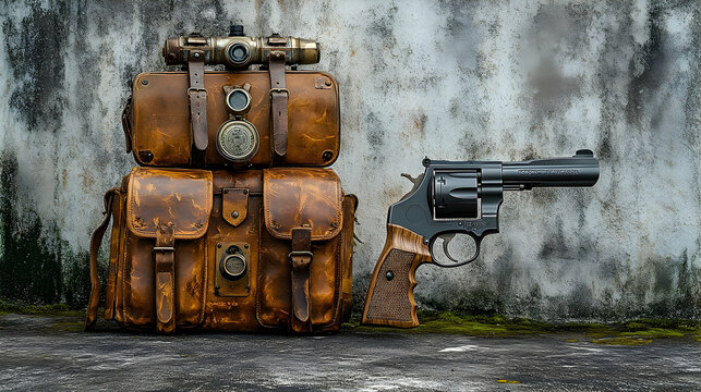 Vintage leather bags and revolver still life photography - Powered by Adobe