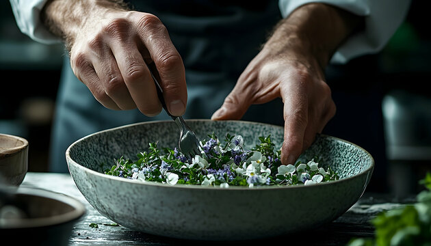 Chef preparing edible flower salad dark moody food photography