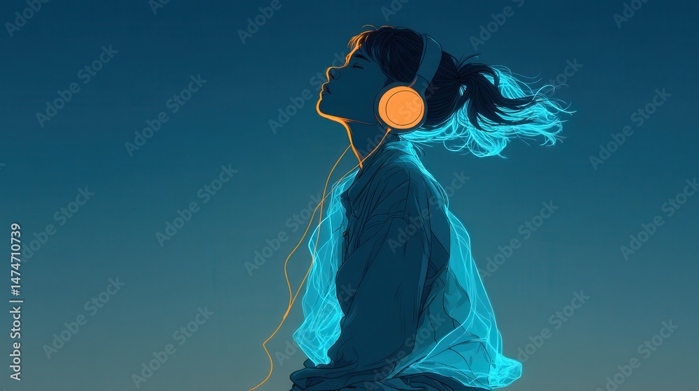 Poster technology style whit net glowing wave,glowing line glow wave,glow line , happy student girl at high