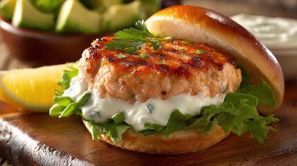 Grilled Salmon Burger with Creamy Lemon Sauce and Fresh Greens