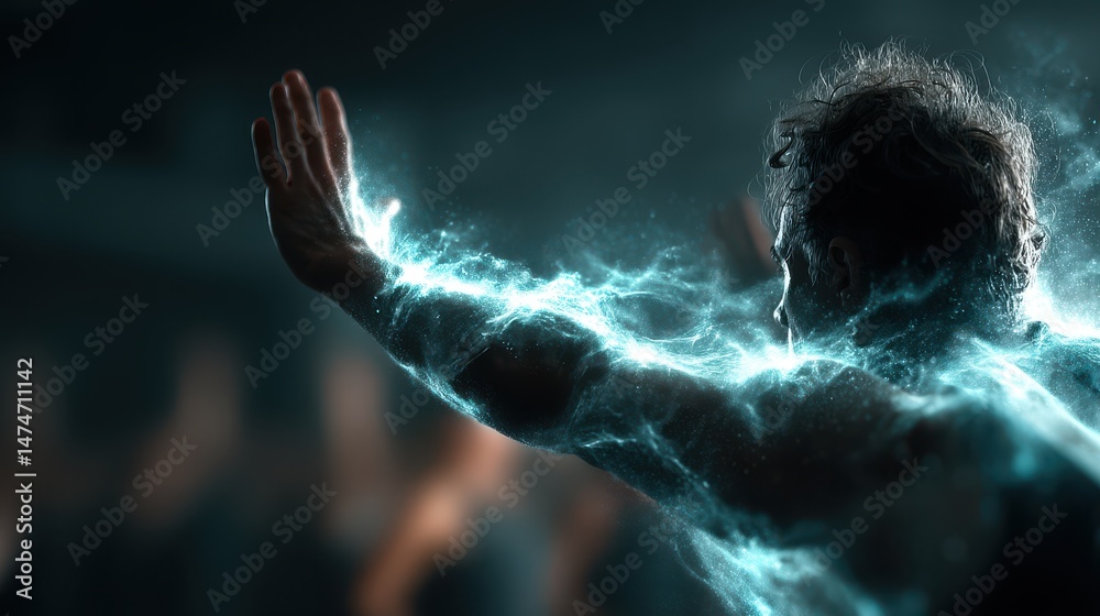 Poster technology style whit net glowing wave,glowing line glow wave,glow line , high five at gym,stock pho