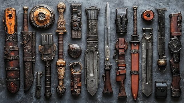 Ornate collection of steampunk inspired weaponry and sheaths on