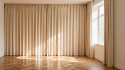 Interior photograph of an empty room with a herringbone wood floor reflecting sunlight from a window. Ideal for minimalist interior design and natural light-filled spaces.

