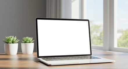 Fototapeta premium Laptop Computer on Desk with Blank Screen and Plants