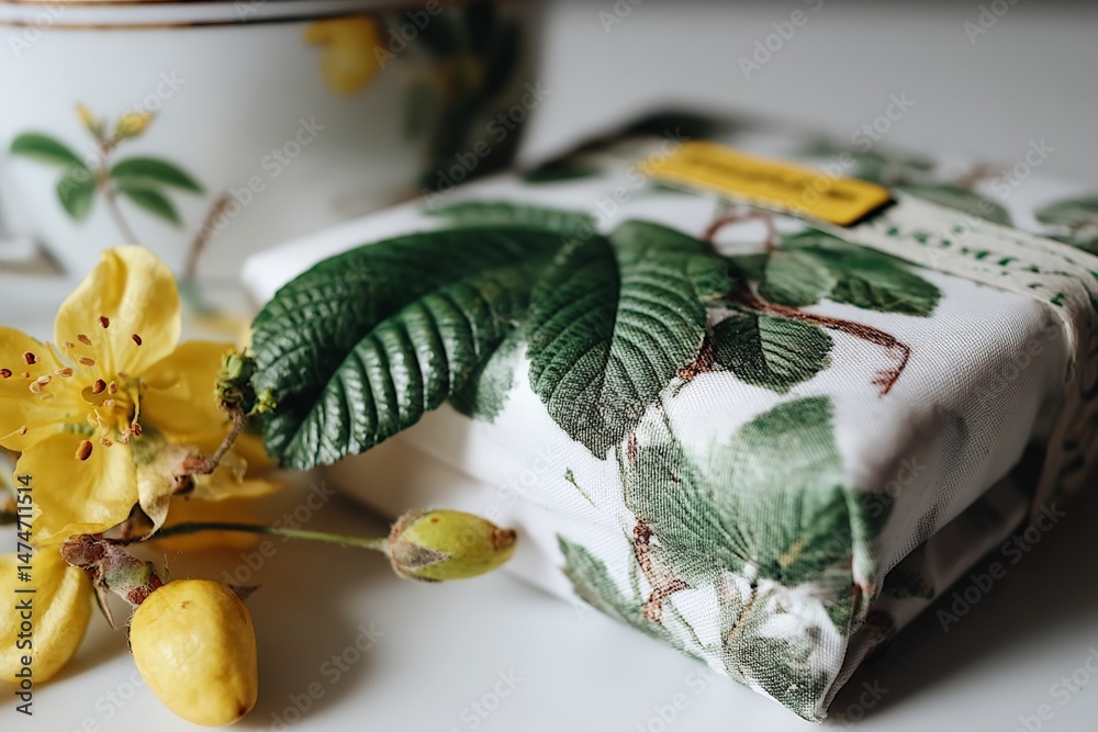 Poster gift wrapped in botanical fabric with flowers and fruits arranged on a white surface in a cozy setti