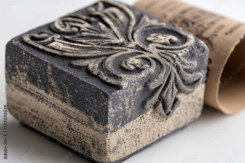 Poster decorative soap with intricate design sits beside cardboard packaging on a plain surface