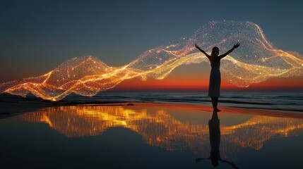 technology style whit net glowing wave,glowing line glow wave,glow line , latin carefree woman with outstretched arms at beach,stock photo