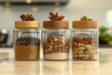 Three glass spice jars with wooden lids, displaying various spices and herbs