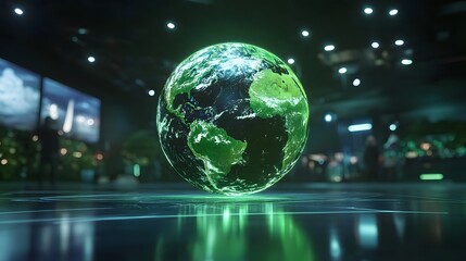 A luminous green earth hologram displayed in a futuristic setting highlighting environmental awareness and innovation