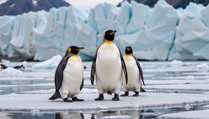 Fototapeta premium Three penguins standing on ice near glaciers.
