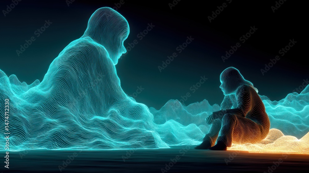 Poster technology style whit net glowing wave,glowing line glow wave,glow line , loving couple outdoo,stock