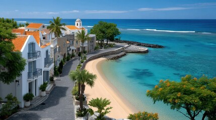 Aerial View of Coastal Village with Vibrant Rooftops and Crystal Clear Water in Beautiful Setting