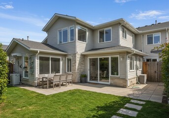 Obraz premium View of a two story house with a patio table and chairs on a stone patio and a green lawn area