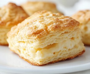 Close-up of golden-brown, flaky biscuits filled with creamy yellow cheese