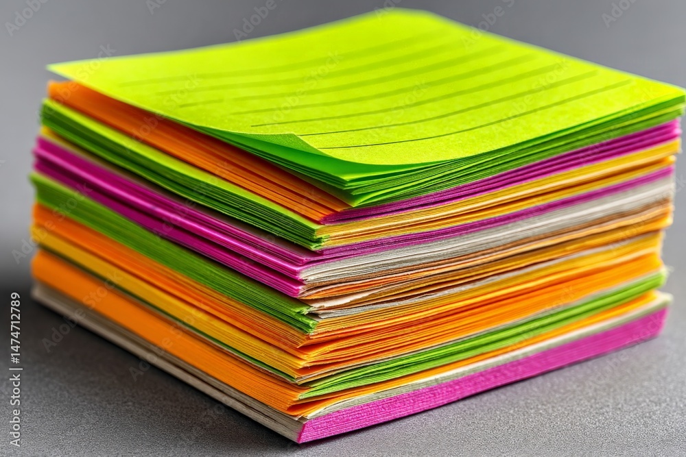 Poster Brightly colored sticky notes stacked neatly on a gray surface, ideal for organization and reminders in a workspace