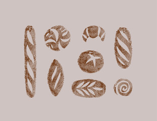 Bread fingerprint collection baguette, sourdough, pumpernickel, rye, long leaf, roll, croissant, whole grain drawing on coffee color background.