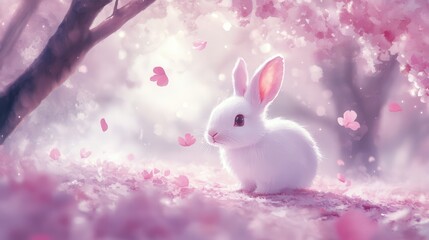 Enchanting white rabbit sitting peacefully amidst a dreamy pink forest surrounded by nature's beauty