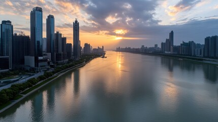 Fototapeta premium A stunning urban skyline at sunset, reflecting on a calm river, The vibrant colors and modern architecture create a perfect backdrop for tourism, city life, or real estate concepts,
