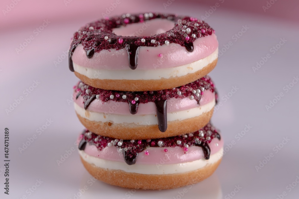 Poster sweet stack of pink donuts with sprinkles and chocolate drizzle on a light background at a dessert s