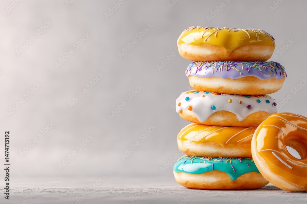 Aufkleber Colorful donuts stacked on a table with a soft background in a bright setting