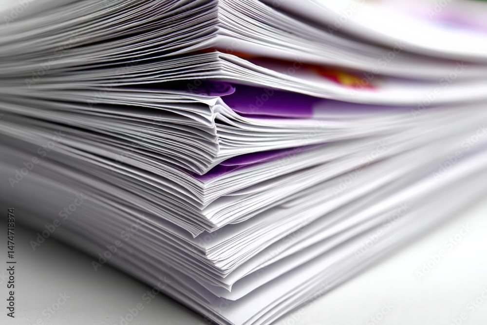 Fototapete Stack of neatly arranged sheets of paper showing various colors and textures in a bright workspace during daylight hours