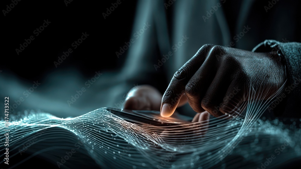 Poster technology style whit net glowing wave,glowing line glow wave,glow line , man payment online with credit car.stock image