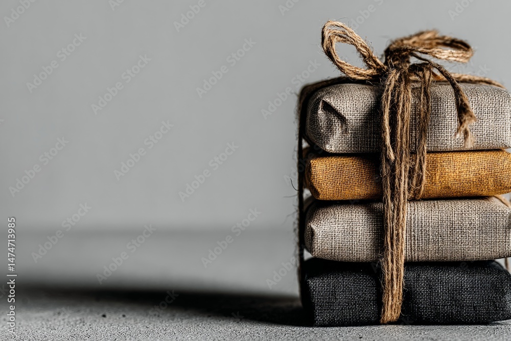 Aufkleber Stack of neatly wrapped fabric pieces tied with string on a minimalistic surface
