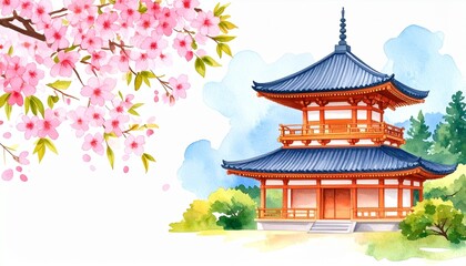 Fototapeta premium Japanese temple cherry blossoms watercolor concept. Traditional Japanese pagoda surrounded by cherry blossoms.