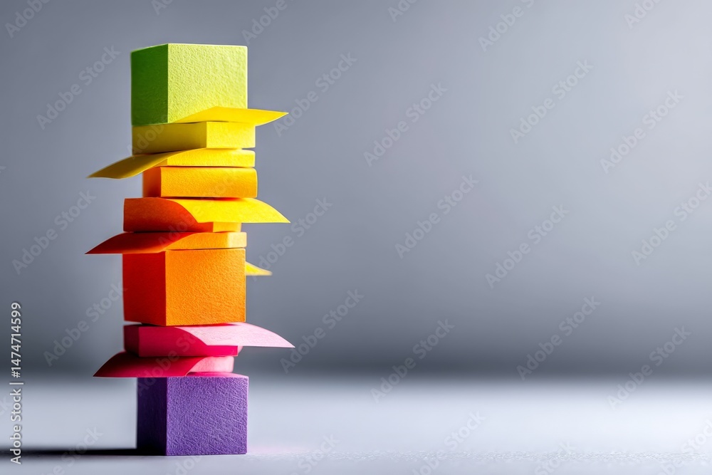 Poster Colorful stack of sticky notes arranged vertically on a gray background showcasing creativity and organization in an office setting