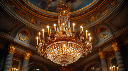 Obraz premium Ornate chandelier, glowing in golden room. Ceiling mural and pillars. Very elegant