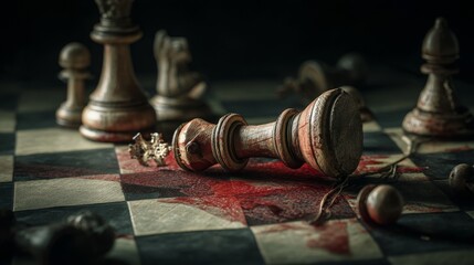 chessboard with a toppled king piece surrounded by broken pawns and bloodstains, metaphoric scene of a leader's defeat, dramatic shadows