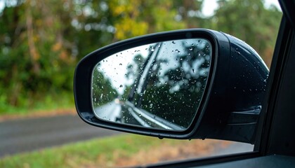 Obraz premium Rainy reflections car side mirror roadside view nature's beauty wet environment close-up shot tranquil concept