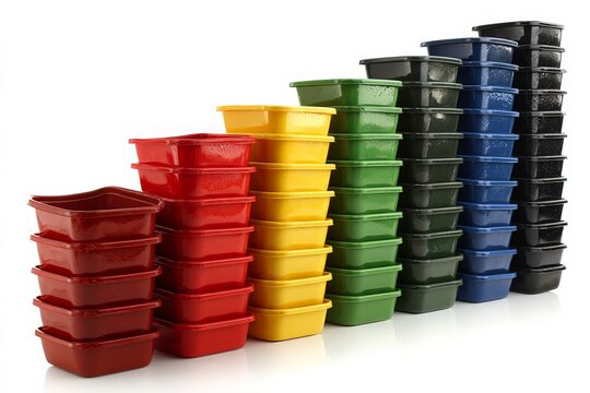 Stacked colorful containers arranged neatly in an ascending order on a white surface