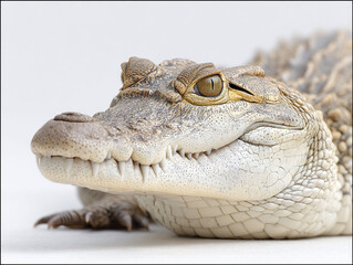 Obraz premium Profile of a young crocodile with scales, sharp teeth, and bright yellow eyes