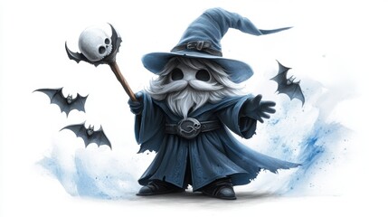 Obraz premium A whimsical wizard character with a long beard, wearing a blue robe and hat, holds a staff topped with a skull, Bats fly around him, adding a playful, magical vibe, Perfect for fantasy-themed designs