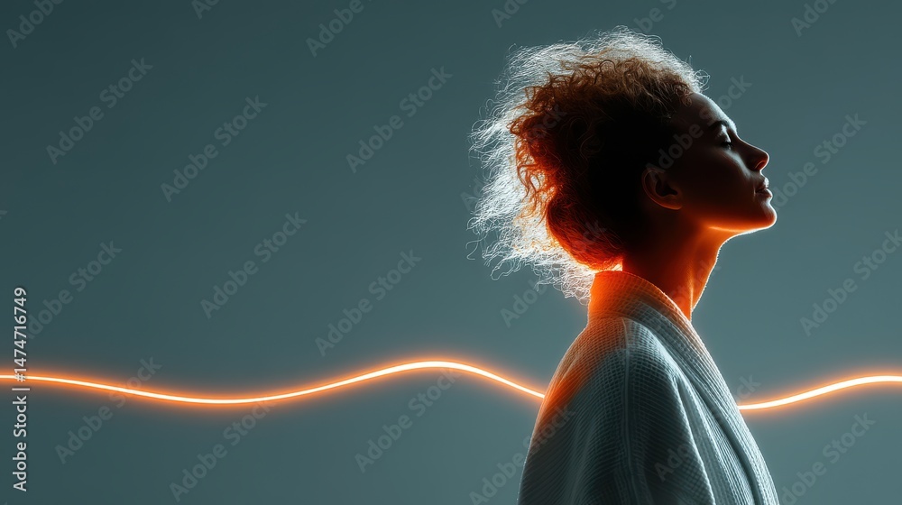 Poster technology style whit net glowing wave,glowing line glow wave,glow line , mature woman smiling at sp