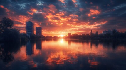 Dramatic city skyline reflected in tranquil lake, bathed in fiery sunset colors