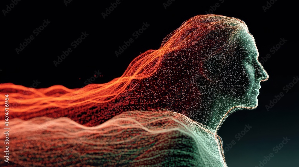 Poster technology style whit net glowing wave,glowing line glow wave,glow line , mature woman smiling at sp