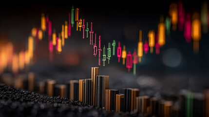 Modern financial stock market background with candlestick chart and bar graph.