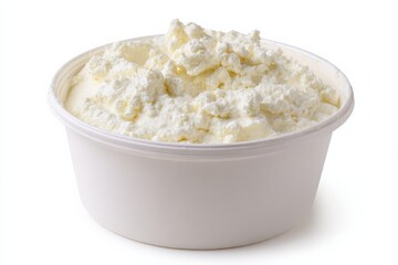 Creamy cottage cheese in a white bowl. A healthy and delicious dairy product.