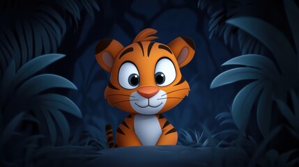 A cute cartoon tiger sits in a lush, dark jungle, offering an inviting and playful expression, This image is ideal for children's book illustrations, educational materials, and animal-themed projects