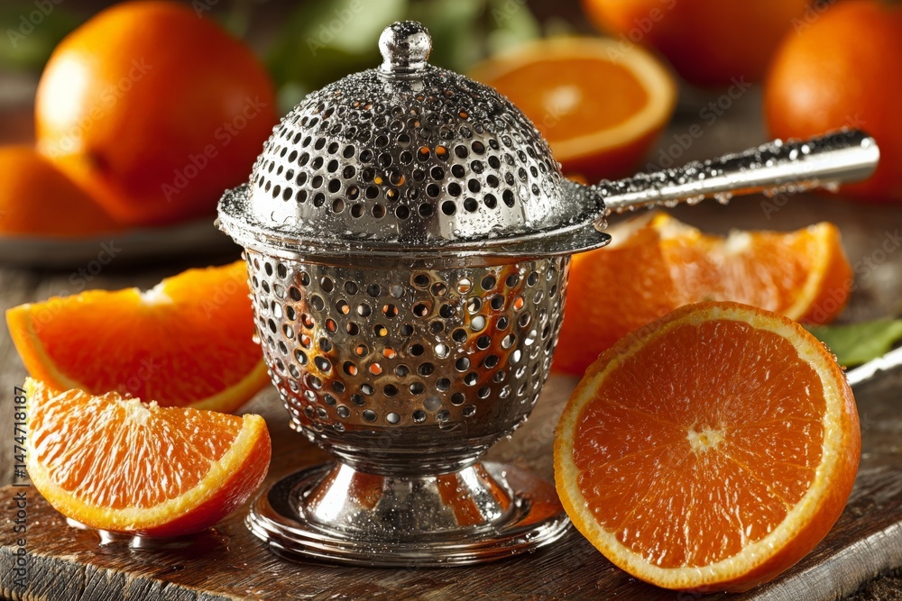 Poster Fresh oranges ready for juicing using a silver strainer on a wooden table with citrus slices