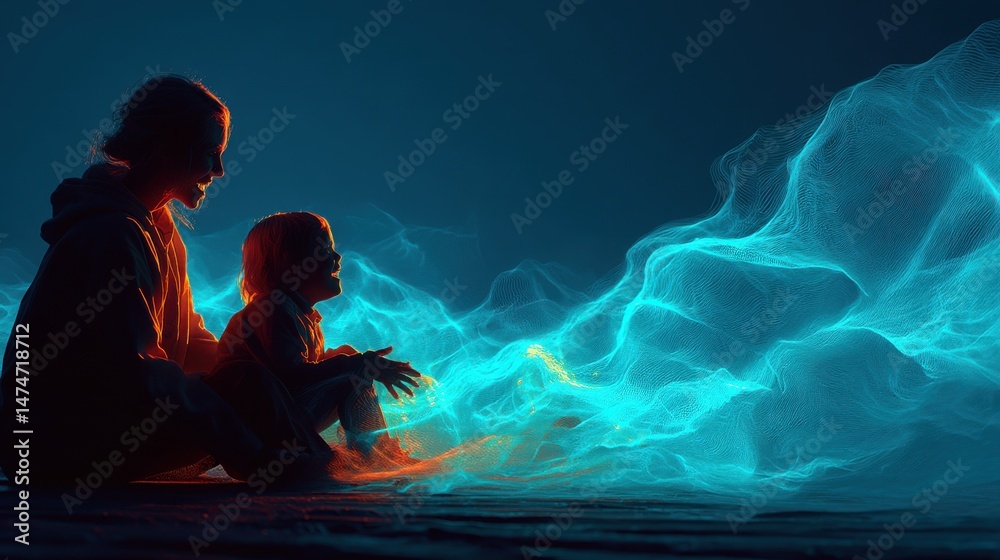 Aufkleber technology style whit net glowing wave,glowing line glow wave,glow line , mother and son laughing.stock image