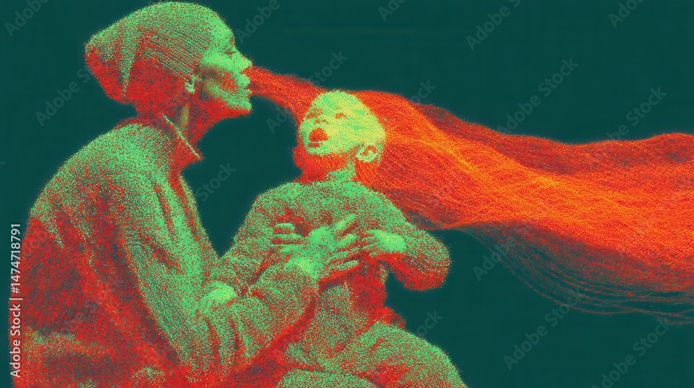 Poster technology style whit net glowing wave,glowing line glow wave,glow line , mother and son laughing,st